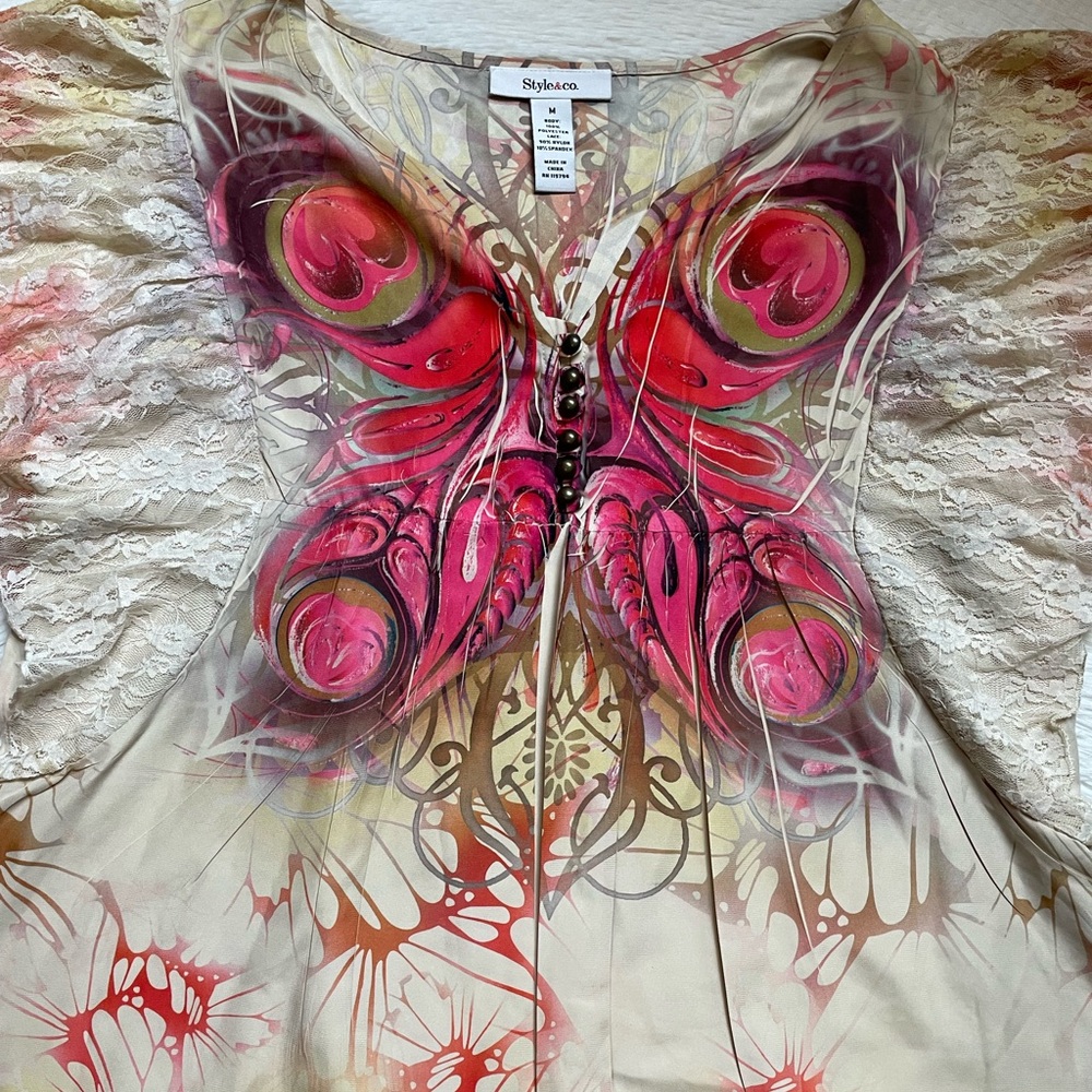 Womens Style & Co beautiful boho butterfly print lace sleeve top - Picture 3 of 15